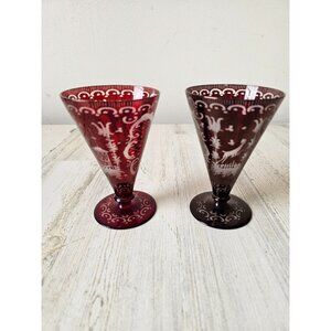 Egermann red Bohemian cut glass goblet champagne deer building cranberry vintage